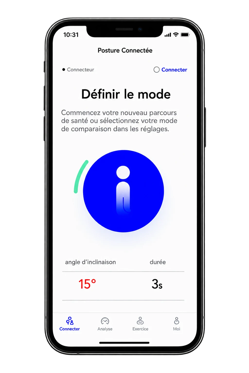 Téléphone montrant le réglage de l’angle d’inclinaison dans l’application